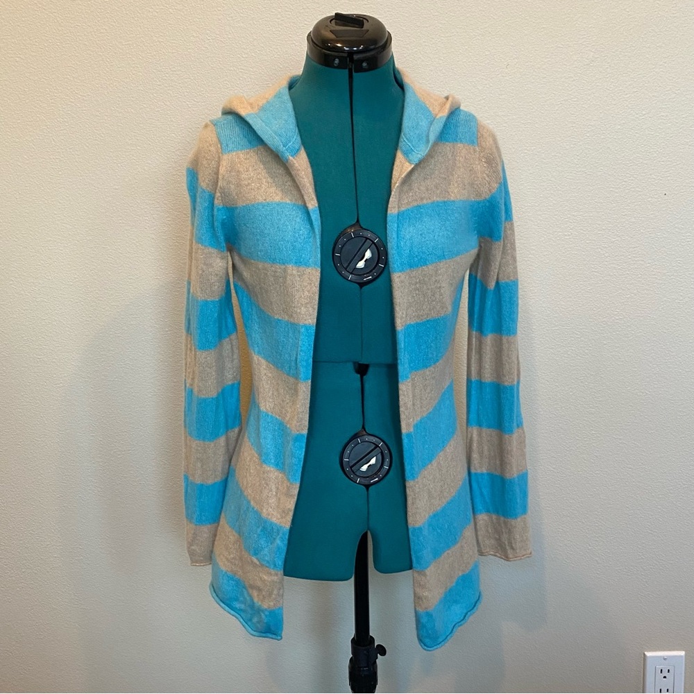 Claudia Nicole 100% Cashmere Fly Away Hooded Cardigan Lightweight Blue/Natural